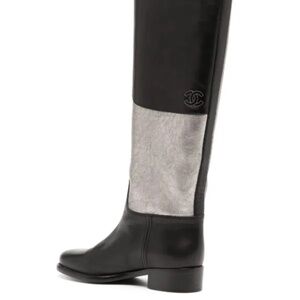 Chanel Black Silver Leather Color Block CC Pull on tall boots